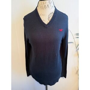 Hollister V-Neck Sweater Navy Blue Red Logo Size S